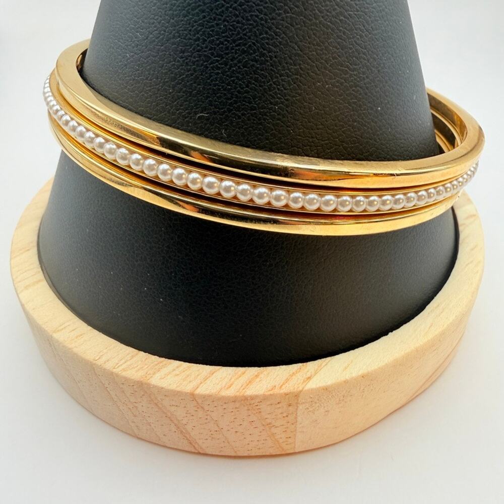 Joan Rivers JR Signed Set of 3 Gold Tone Bangle Bracelets Faux Pearl